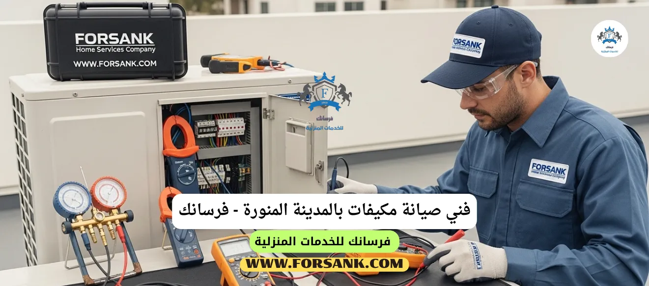 فني صيانة مكيفات بالمدينة المنورة - استجابة سريعة وخدمة موثوقة فني خبير من فرسانك بالمدينة المنورة يستخدم أدوات دقيقة لتشخيص عطل في مكيف سبليت